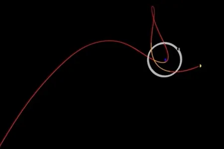 The projected path for 2020 SO, a space object that astronomers predict will become Earth's mini-moon in October, possibly staying until May 2021. The blue object in the center of the circle is Earth. 