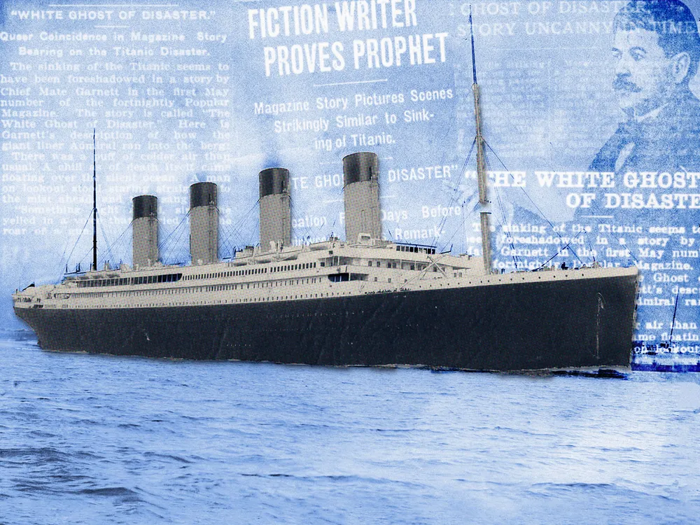 Illustration of the "Titanic," overlaid with headlines about "The White Ghost of Disaster" and a portrait of Thornton Jenkin Hains