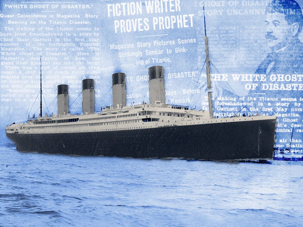 Illustration of the "Titanic," overlaid with headlines about "The White Ghost of Disaster" and a portrait of Thornton Jenkin Hains