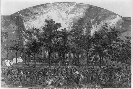 An engraving from later in the 1880s shows rioters burning an orphanage for black children.