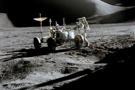 Apollo 15 astronaut Jim Irwin and the Lunar Roving Vehicle at the Hadley-Apennine landing site, July 31, 1971. “The first thing we noted…was that the front steering didn’t work,” said Dave Scott in the mission report. Rear steering was available, though.