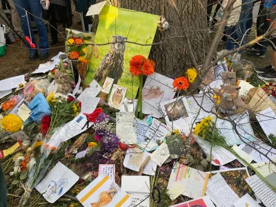 Visitors left notes, photos and mementos at the base of an oak tree Flaco the Eurasian eagle-owl had favored after escaping from the Central Park Zoo. A memorial for Flaco was held there on March 3.