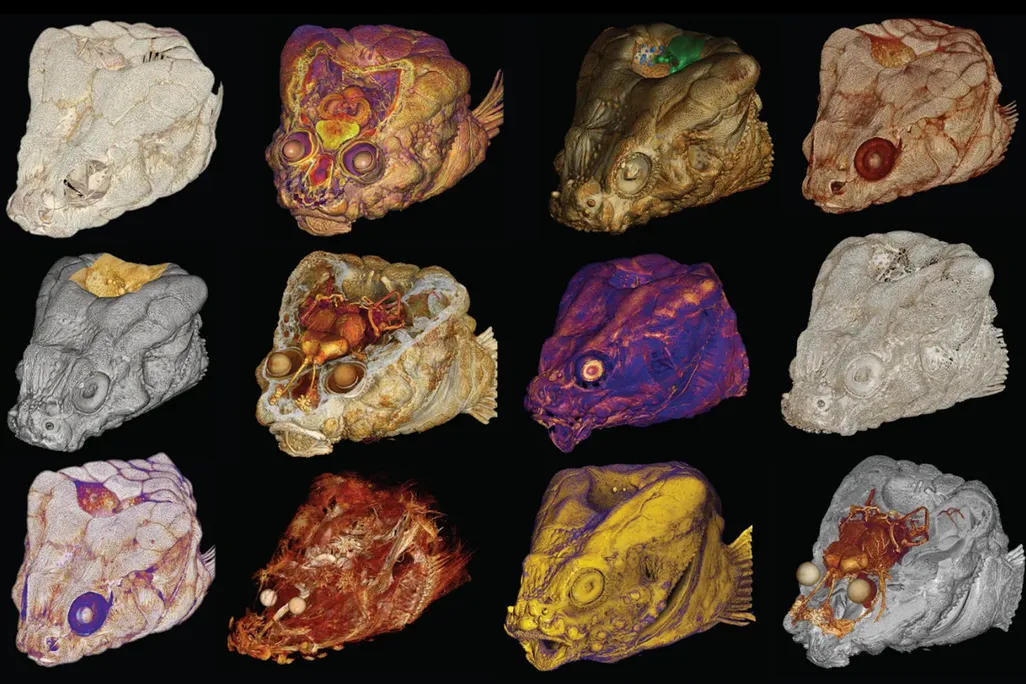 a series of scans of a fish head