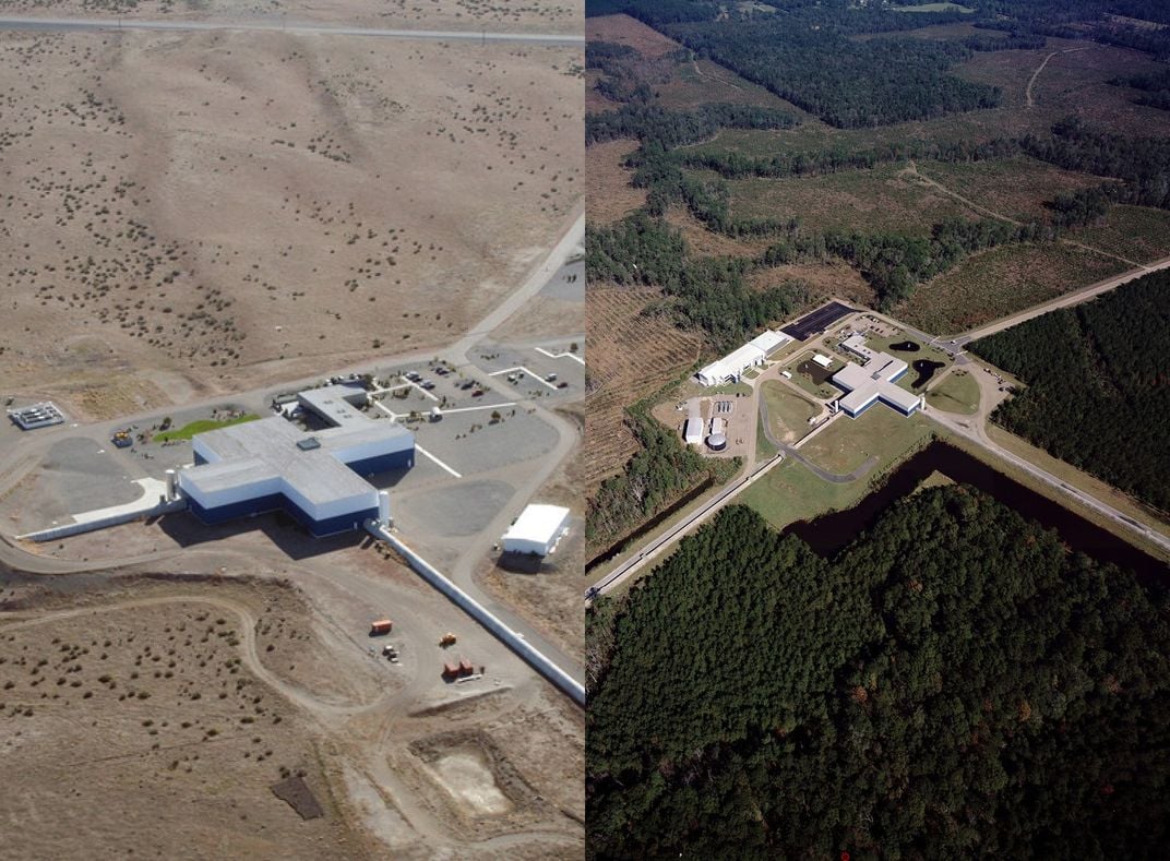 two roughly plus sign-shaped buildings seen from above in a split screen