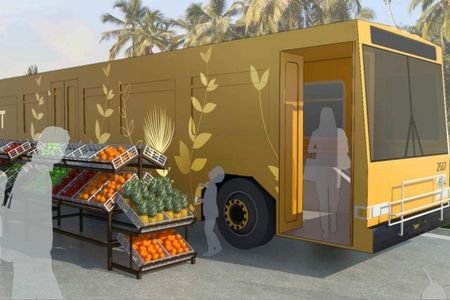 The shelter bus can be used as a market during the day. 