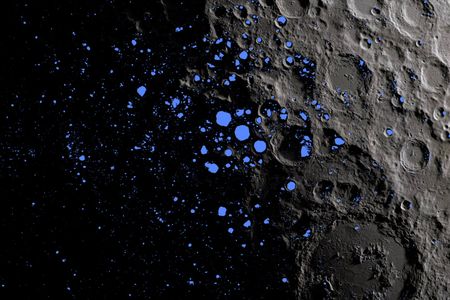 Permanently shadowed regions (shown in blue) cover about three percent of the moon's south pole, and should be good places to find water ice.
