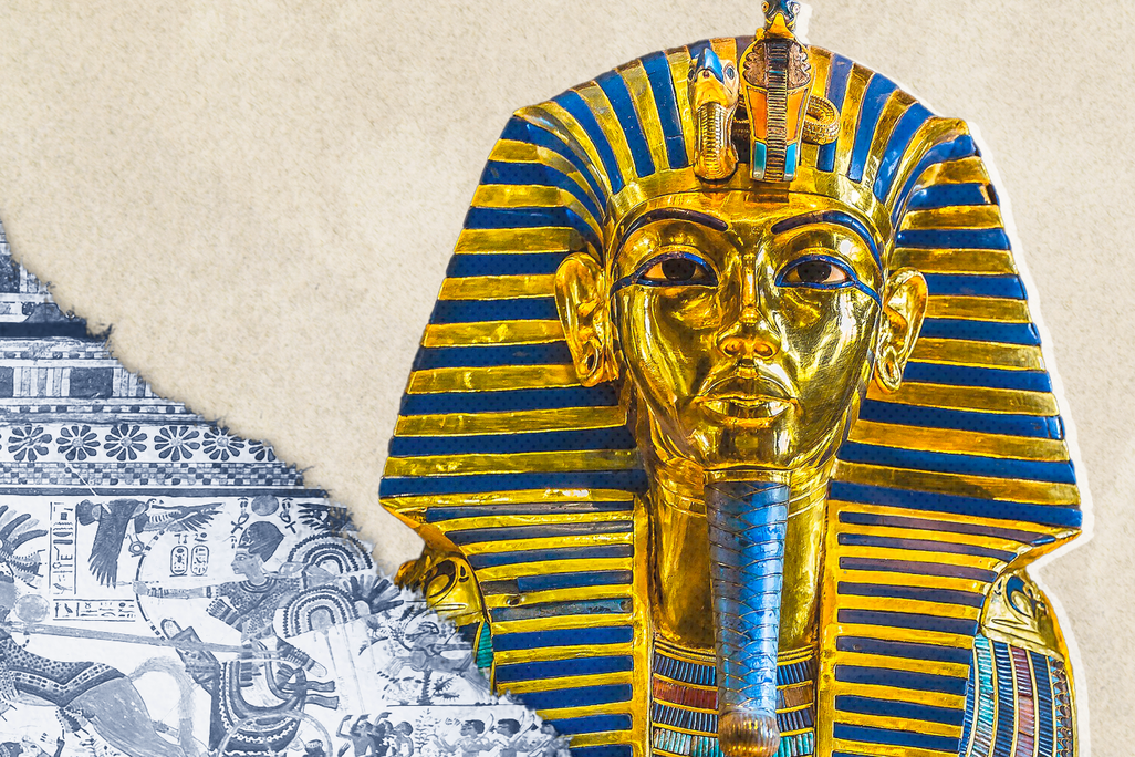 Illustration of Tut's funeral mask next to a depiction of the boy king as a warrior