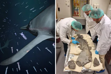 An artist&#39;s reconstruction of the giant ichthyosaur&nbsp;Temnodontosaurus (left), featured in the study, and researchers examining part of the creature&#39;s flipper at Sweden&#39;s Lund University (right).