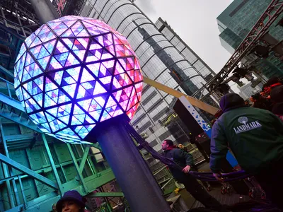 The Times Square New Year's Eve Ball is tested the day before New Year's Eve atop the roof of One Times Square in New York, on Dec. 30, 2015.