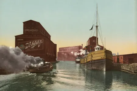 Schlitz beer advertised on grain operators along the Chicago River in 1900.