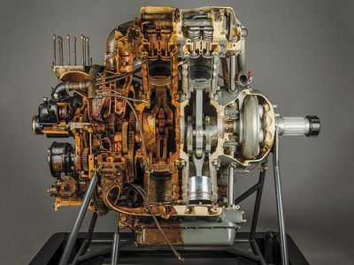 Once a preservative coating was removed, this 1933 Wright XR-2120 cutaway engine’s stark beauty was revealed.