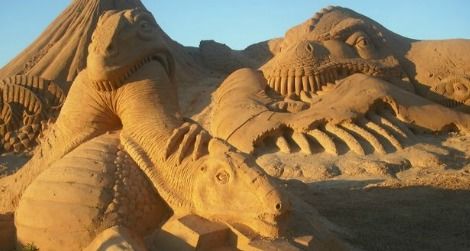 Sand sculpture dinosaurs, as seen in Albufeira, Portugal