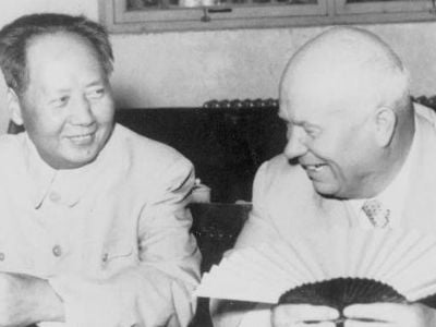 Khrushchev and Mao meet in Beijing, July 1958. Khrushchev would find himself less formally dressed at their swimming-pool talks a week later.