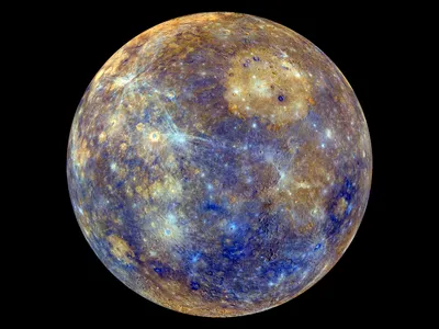 This false-colored image of Mercury reflects the varying age and mineral composition of the surface.