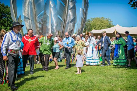 Choctaw and Irish dancers at a 2017 dedication ceremony of a sculpture commemorating the 1847 donation