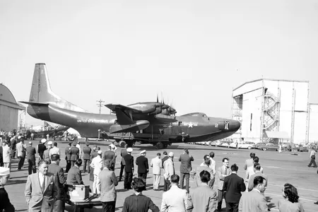 At its November 4, 1954 public debut, an R3Y Tradewind draws a crowd to Convair’s plant in San Diego.
