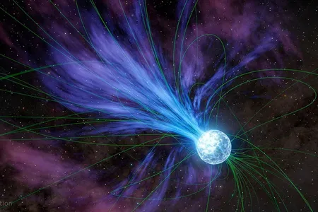An artistic rendering of a magnetar&mdash;or highly magnetized neutron star&mdash;losing material into space. The magnetic field lines, shown in green, direct the movement of charged material.