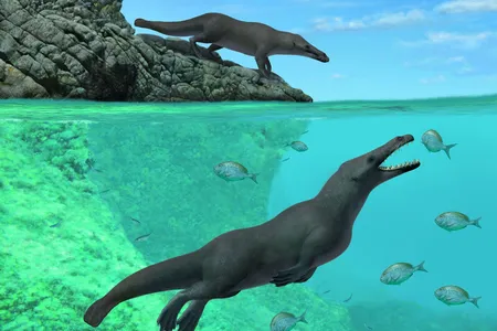 Artistic reconstruction of two individuals of Peregocetus, one standing along the rocky shore of nowadays Peru and the other preying upon fish. The presence of a tail fluke remains hypothetical. 