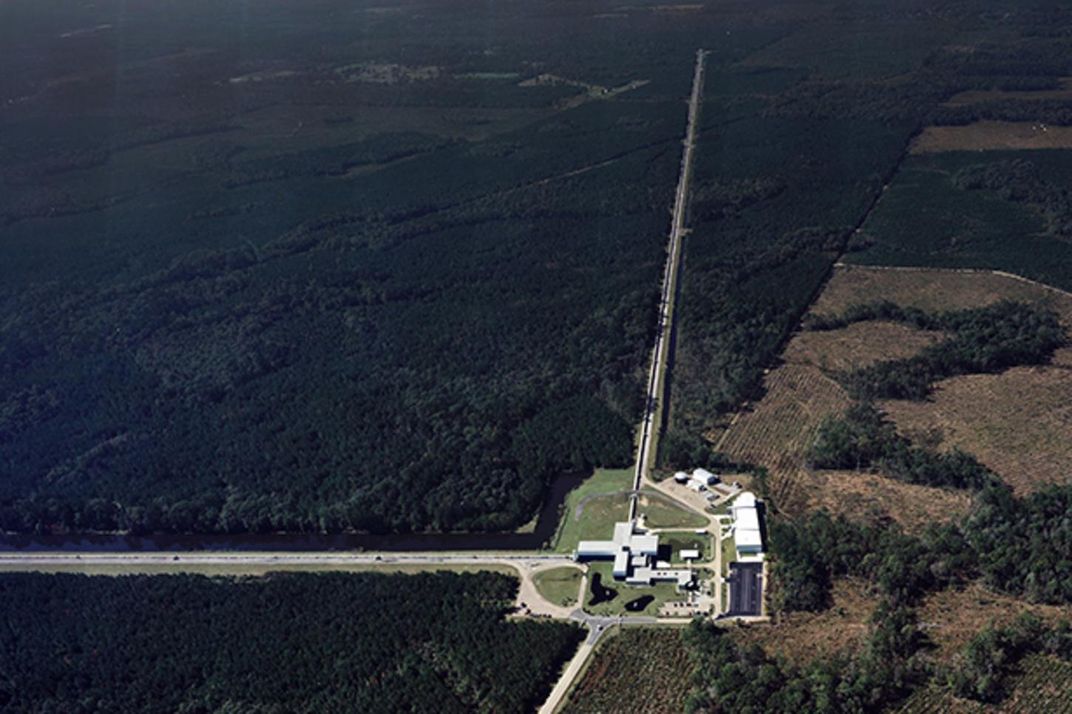 Aerial view of the LIGO gravitational wave detector in Livingston, Louisiana.