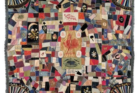 A "crazy quilt"—a chaotic style without repeating features—by an unidentified 19th-century artist incorporates politicians' campaign banner portraits.