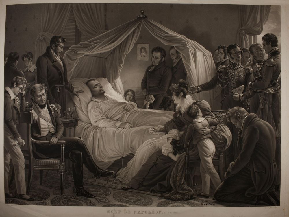 A black and white melodramatic depiction of the scene, with Napoleon on a white bed lying surrounded by grieving people