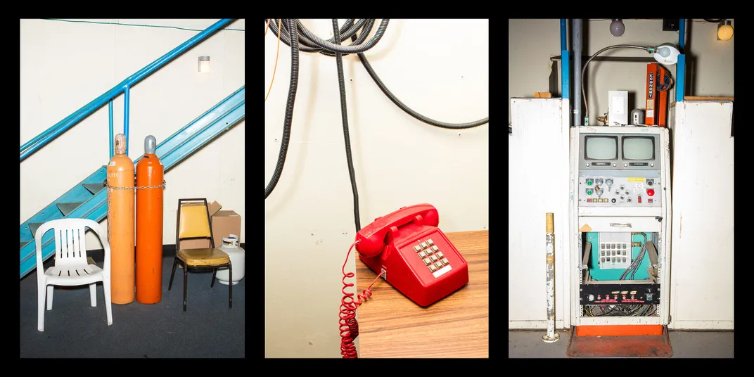 three images: red and orange containers for gas, an old red phone with a cord, and old screens and buttons