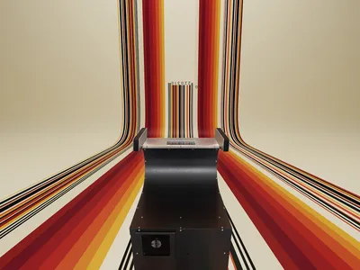 A Spectra Physics Model A supermarket scanner&mdash;one of the first ten ever produced. A laser within the unit projects a beam onto a mirror that redirects it through the glass plate on the top.