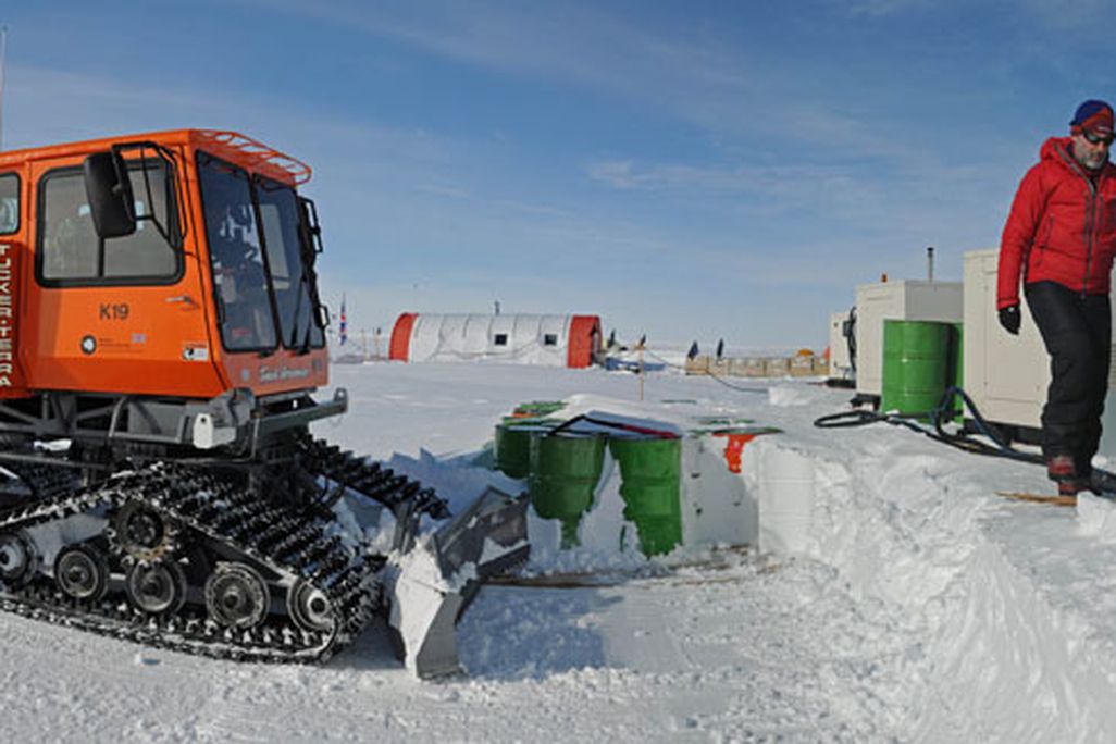 Barrels of fuel encased in snow at the Lake Ellsworth drilling site.