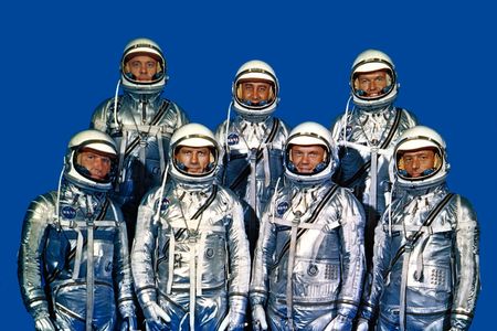 NASA's Project Mercury astronauts on April 9, 1959. Known as the Mercury Seven or Original Seven, they are (front row, left to right) Walter M. 
