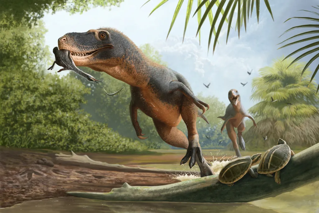 An illustration of a large dinosaur with a bird in its mouth