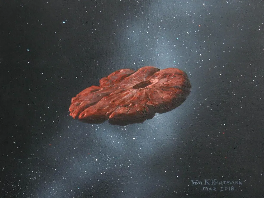 A painting of 'Oumuamua shows it as a red, flat, circular chunk of rock with a crater in the middle