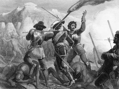 An engraving showing the Pequot War