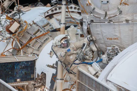 Russian cosmonaut Fyodor Yurchikhin on a spacewalk in 2013, completing maintenance on International Space Station. 