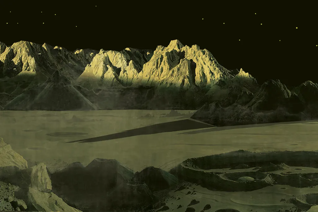 artist's vision of mountainous lunar landscape