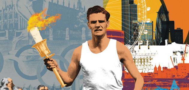 An illustration of a man holding a torch in front of artistic renderings of historic images