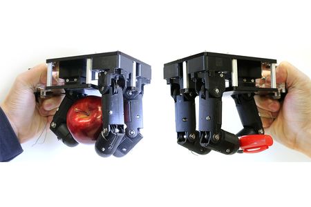 The next generation of robotic hands will have to be extremely dexterous, but also simple to build. The three-fingered version designed by engineer Matei Ciocarlie can adapt to a wide array of objects, yet hold each of them in a firm grasp (composite image shows the more open hold on an apple and a tighter pinch on a marker). Its semi-soft fingers are controlled by a series of wire “tendons” that lead to a single motor in a robot’s wrist.