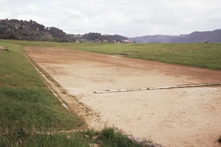 A view of the ancient ruins of the Stadium at Olympia with its centerpiece 210-yard track.