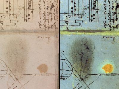 One of Leonardo's notebooks (left) contains an erased figure (right). Conservators discovered the hidden sketch using multispectral imaging. 