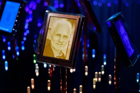 A photo of Ales Bialiatski&nbsp;on display in the Nobel&rsquo;s garden at the Norwegian Nobel Institute in Oslo, Norway
