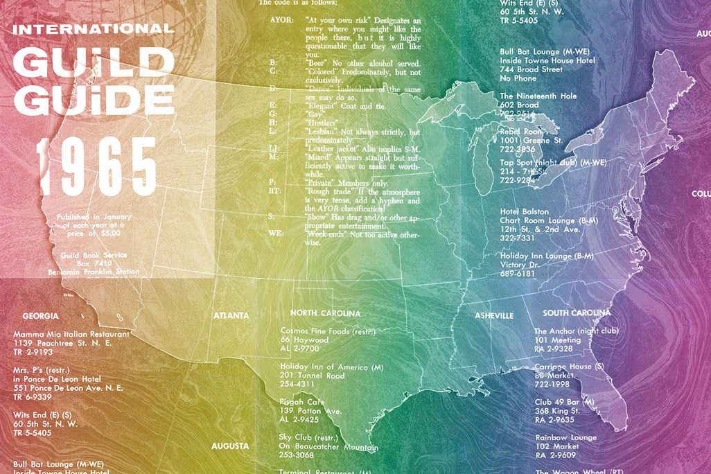 Illustration of U.S. map in front of pages from the International Guild Guide