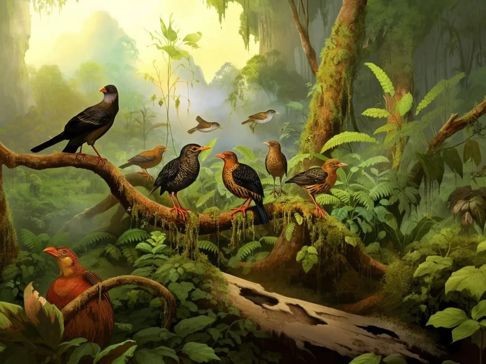 illustration of birds in a forest