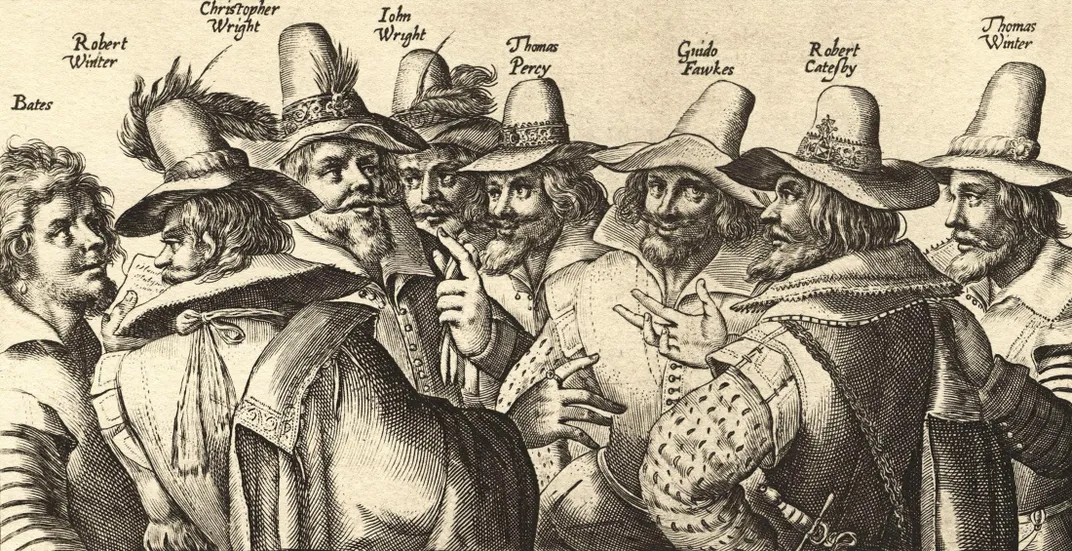 An engraving of the Gunpowder Plot conspirators, with Fawkes depicted third from right