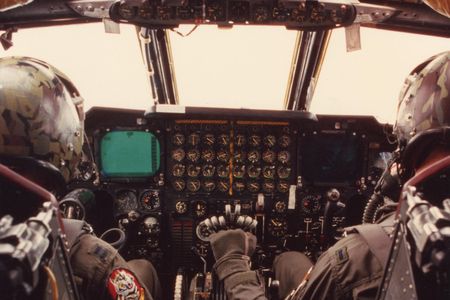 View inside the cockpit of a U. S. Air Force Boeing B-52H Stratofortress, en route to Australia in 1982.