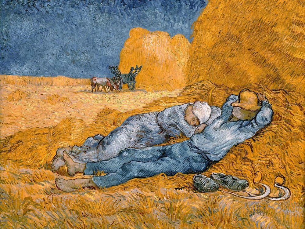 A man, wearing a hat over his eyes with his shoes off and to his side, and a woman in a kerchief and a blue dress nap together against a haystack; bright orange hay swirls around them, a mule and plow on the horizon