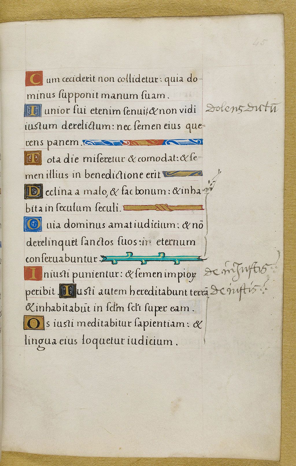 Page from the psalter, with handwritten annotations about the just and unjust