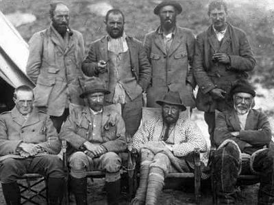 George Mallory, far right in the back row, during an Everest expedition in 1921.