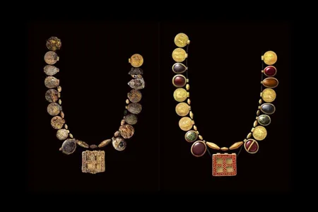 A photo of the necklace discovered in England, alongside a depiction of what it may have once looked like