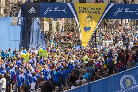 Supporters gather at the finish line of the Boston Marathon yesterday to commemorate the victims of last year's bombings. 