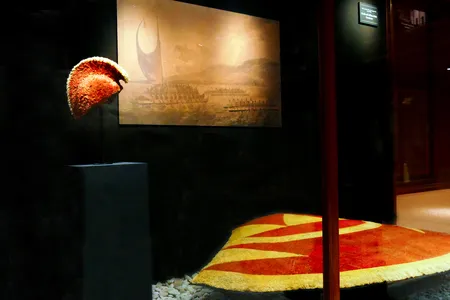 The ʻahu ʻula and mahiole of Kalaniʻōpuʻu on display in the Bishop Museum