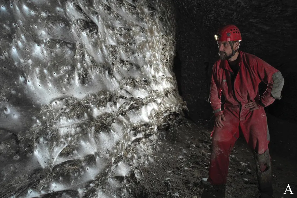 Man in red jumpsuit with red hard hat standing next to large spiderweb